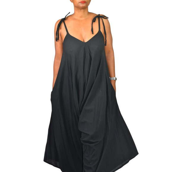 9Seed Bali Draped Jumpsuit Black Crinkle Gauze Harem Romper Drop Crotch One Size - Picture 10 of 14